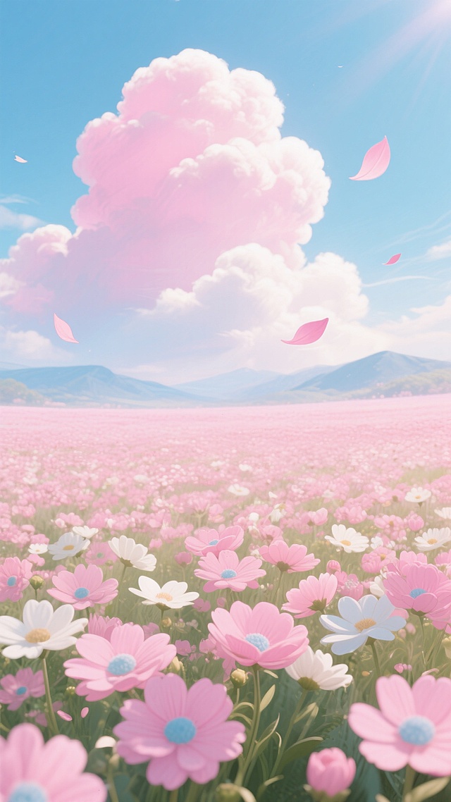 动漫风格插画，一片广阔无垠的粉色花海，花朵以粉色为主，点缀白色和浅蓝色花心，花瓣层层叠叠，近处花朵清晰饱满，向远处逐渐形成朦胧的粉色花海直至天际线，天空中漂浮着巨大蓬松的粉色云朵，云朵边缘泛着柔和的白光，几只粉色花瓣正从空中轻盈飘落，远处可见淡蓝色的山脉轮廓，整体色调以粉色、浅蓝色和白色为主，色彩清新明亮，光影柔和，阳光透过云层洒下，营造出梦幻、浪漫、宁静而美好的春日氛围，画面充满生机与治愈感。