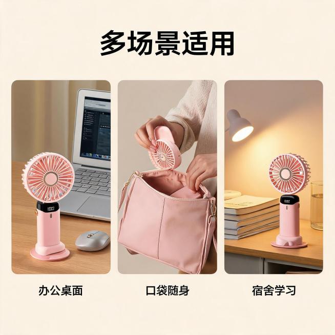 [主图-5] 可折叠数显小风扇多场景展示页；
[氛围风格] 实用生活感，清晰多样展示；
[画质] 商业摄影质感，光线均匀，场景自然真实。
[元素] 三宫格构图，分别展示办公桌放置、随身放包包、学生宿舍预览效果