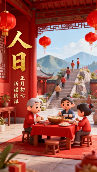 参考这两张图片的风格样式及布局，按照中国传统民俗，制作除夕到初七的新春民俗套图，共八张预览效果