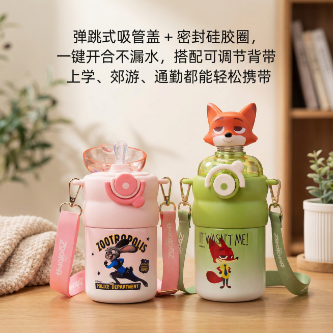 这是一款疯狂动物城保温杯，换个背景，要家居类的，温馨简约一点，把背景虚化，第一眼要先看到杯子，杯子是视觉中心，添加【弹跳式吸管盖 + 密封硅胶圈，一键开合不漏水，搭配可调节背带，上学、郊游、通勤都能轻预览效果