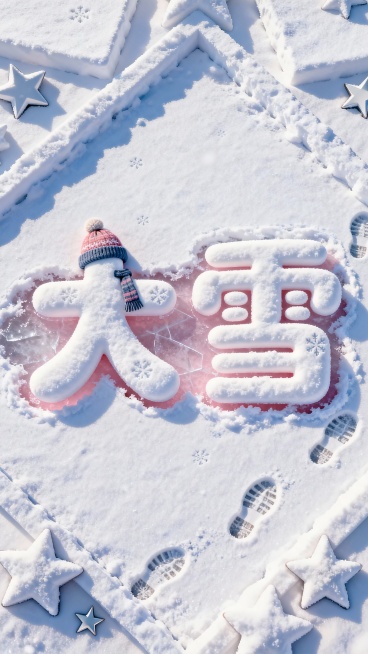俯视视角，画面主视觉是雪地中的 “大雪”文字（字体圆润可爱），文字部分像被踩踏，露出淡粉色冰面。雪质细腻带自然纹理，装饰帽子、围巾、足迹，搭配雪堆成的几何线条、星星元素作为边框。预览效果