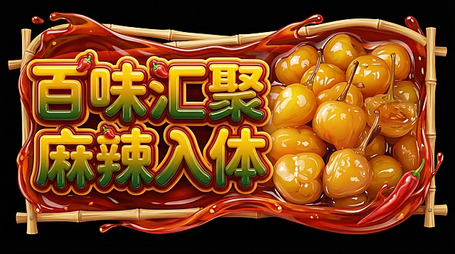 生成一张横条美食主题异形卡，采用3D插画矢量风格，正面水平视角，卡片造型呈现童趣实物流动感。边缘为竹签和红油辣椒的描边，具有明显的麻辣浸润质感，卡片色彩极度艳丽饱和。左侧，3D立体字体“百味汇聚，麻辣入体”以樱桃辣椒和辣椒水材质制作，字体线条圆润。改字体为显著的3D立体字形，笔画粗壮厚实。主题颜色为辣椒水深黄色到食材深绿渐变，整体表面呈现高反射光泽效果。字体外部环绕双层立体厚重轮廓；笔画末端饰有迷你樱桃辣椒，字体表面叠加酸野水的光滑粘稠质感，，右侧，描绘了一大把樱桃辣椒浸泡在酸嘢水里，背景为纯黑色