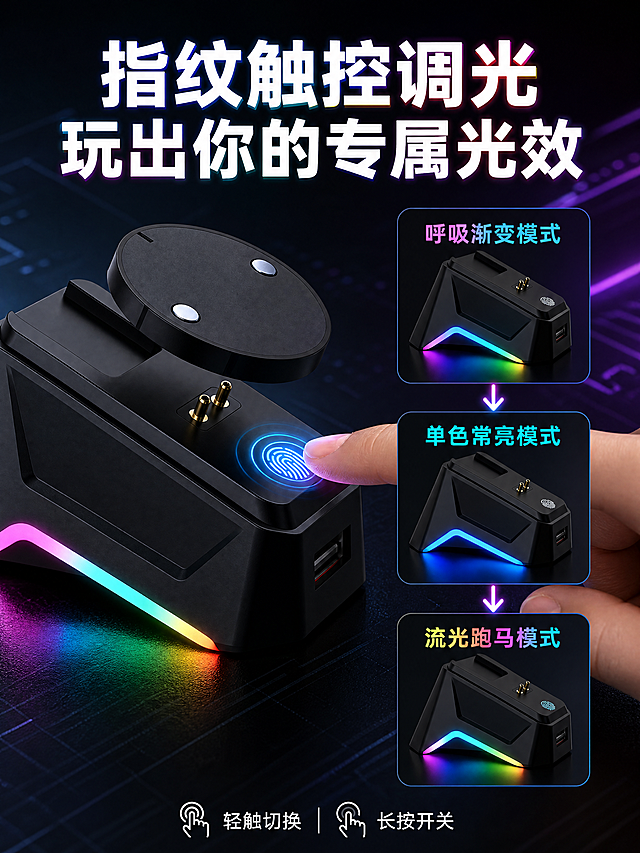 [商品] 使用【图4】黑色磁吸鼠标充电底座；保留底座梯形结构、顶部指纹触控图标、底部V形RGB灯带、黑色磨砂材质；商品处理：重点增强指纹触控区域的交互光效和RGB灯带的多种发光模式展示，不改变结构和比例。
[画面] 目标：详情第5张-触控调光+RGB灯效实测展示。构图：左侧为底座正面特写，一只手指正在触摸指纹触控区域，触控处发出涟漪光效；右侧展示3种灯效模式小图（呼吸渐变、单色常亮、流光跑马），用箭头连接表示可切换。主体占画面50%，右侧灯效展示占35%。背景为深色，突出灯光效果。
[视觉] 套系策略：风格=深色科技电竞风3D商业渲染；标题字=粗黑体无衬线；正文字=现代无衬线体；主色=深空黑；背景延展=基于深空黑做深蓝紫渐变、霓虹光带、粒子光斑和几何线条；强调色=RGB彩虹渐变（青/粉/黄/紫），仅用于灯带、光效、图标点缀和标题高光；标题色=纯白+霓虹渐变描边；正文色=浅灰白；组件=圆角深色半透明模式卡、发光箭头、触控涟漪特效；光影=顶部柔光+RGB灯带强烈自发光+桌面彩色反光+触控光效。
[文字] 顶部大标题"指纹触控调光 玩出你的专属光效"，3种模式分别标注："呼吸渐变模式"、"单色常亮模式"、"流光跑马模式"，底部小字说明"轻触切换 长按开关"。
[规格] 图片比例3:4竖版，4K，负向提示：避免变形、错字、文字过小、结构缺失、颜色改变、白底、模糊、材质失真。