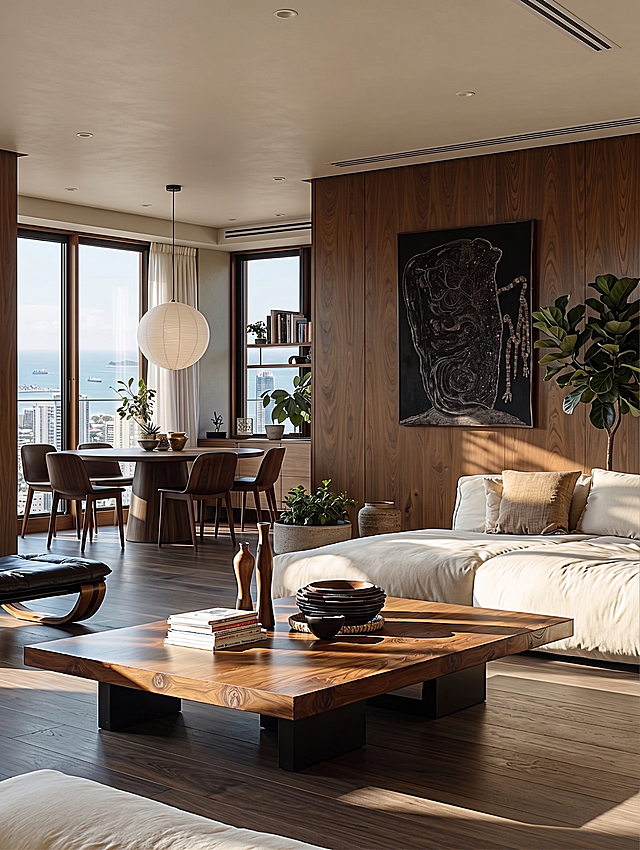保留原图空间结构框架和整体设计，去掉所有文字和水印，调整为极简托斯卡纳自然风格，增加自然光照和柔和阴影效果。吊顶整体改为暖白色哑光肤感艺术漆，色调柔和温润，搭配嵌入式筒灯，采用极简平顶设计，无复杂吊顶造型，关闭所有室内灯光。顶面和墙面所有衔接收口处做5毫米极简阴影缝悬浮缝工艺处理，空调出风口改为隐藏式5公分极简出风口。部分墙面使用和顶面相同的艺术漆，呈现细腻哑光质感，温润柔和。地面通铺极简风棕灰色黑胡桃木地板，木纹清晰自然，色调温润沉稳，和墙面形成深浅对比，增强空间层次感。所有木制品木饰面木制家具都调整为高级棕黑胡桃质感，使用国际知名设计师设计的意式极简家具。添加装饰性大型落地绿植和点缀性小型绿植，为空间注入自然生机，整体空间通透开阔，自然阳光柔和充足，窗外改为高层建筑窗景超美的城市海景，光影层次细腻，电影级镜头构图，氛围静谧高级，8K超高清，细节写实，质感高级。光线运用：主光源是背景落地窗引入的午后侧自然光，光线透过玻璃形成柔和漫射光，在木地板和墙面上投下自然光影和光斑，过渡非常自然，无室内灯光。拍摄视角：使用35mm标准广角镜头，稍微偏低的平视视角，完整展示空间纵深感，不产生夸张透视变形，保证空间真实感。曝光与景深：使用小光圈拍摄，保证从前景到背景全区域清晰，完整展示所有材质细节，曝光精准，同时保留落地窗高光细节和木作暗部细节，光影层次非常丰富。色彩控制：整体为低饱和色调，以白、暖灰、棕为基底，色彩克制不浮夸，契合低奢高级的调性