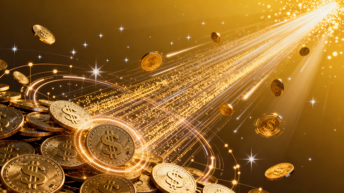 右侧主图为立体数据粒子流与虚实散落的金币$组合，金属质感强烈。画面右上角鎏金光斑闪耀，可带有光速效果。背景为金黄至深金渐变，叠加星辰闪耀。视觉效果呈现激光雕刻与动态光流追踪效果，传达出锐利、活力、精准预览效果