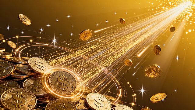 右侧主图为立体数据粒子流与虚实散落的金币$组合，金属质感强烈。画面右上角鎏金光斑闪耀，可带有光速效果。背景为金黄至深金渐变，叠加星辰闪耀。视觉效果呈现激光雕刻与动态光流追踪效果，传达出锐利、活力、精准的情绪，整体艺术感体现为数字金融与实体经济的能量共振。光影设计采用顶部动态追光，突出数据流的粒子轨迹质感。装饰性光效为环绕虚实散落的金币$的脉冲光环与数据节点的星爆特效。整体氛围传达出创新、活力、专业化的金融科技调性。