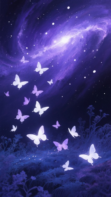 深邃神秘的暗紫色调梦幻背景，顶部点缀着星云般的白色光斑，如同夜空中闪烁的星辰，营造出宁静而悠远的氛围。画面中，无数半透明的白色和淡紫色蝴蝶轻盈飞舞，它们的翅膀散发着柔和的微光，如同精灵般在深邃的空间中穿梭。底部有细密的、如同海底植物或星云尘埃般的深蓝色纹理，为整个画面增添了层次感和梦幻的质感。整体风格采用水彩般的透明晕染效果，光影柔和，色彩过渡自然，充满了空灵而浪漫的梦幻气息，仿佛置身于一个神……预览效果