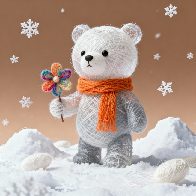 一处错落的雪堆上，一个可爱的小熊缠线装饰围着橙色的围巾，手拿着一朵小绒花，周边飘着雪片。背景暖棕色纯色渐变预览效果