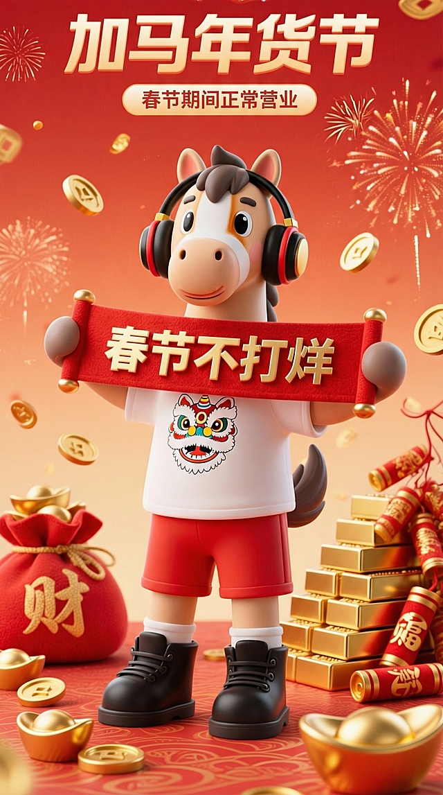 3D卡通马形象拟人化设计，融合国潮元素与鎏金风装饰，喜庆红金配色，塑料质感强化视觉冲击，传递春节年货节热闹氛围。