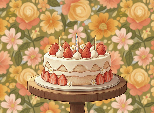 改成一个生日蛋糕的近景，后背景是花花的背景图