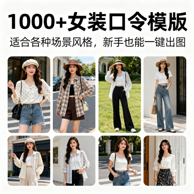 1比1方形海报，主题是女装图文带货口令提示词合集，画面上方用大字展示标题，包含文字："1000+女装口令模版"，宣传文字："适合各种场景风格，新手也能一键出图"，海报下半部分展示几张不同风格的女装穿搭预览效果