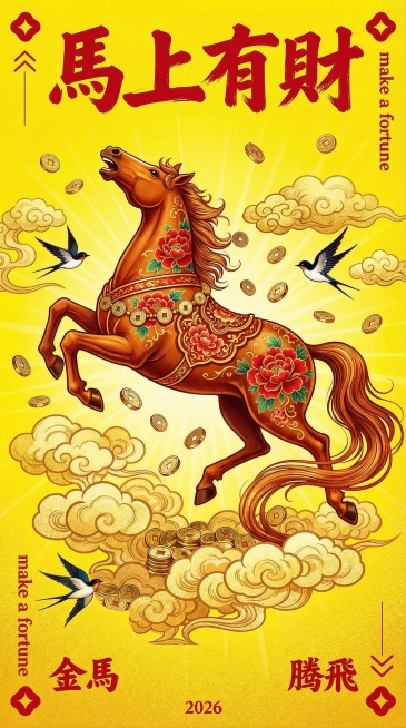 参考这个做五个一样的马和祥云  马的花纹和动作都要不一样  背景颜色也要五个不同的颜色预览效果