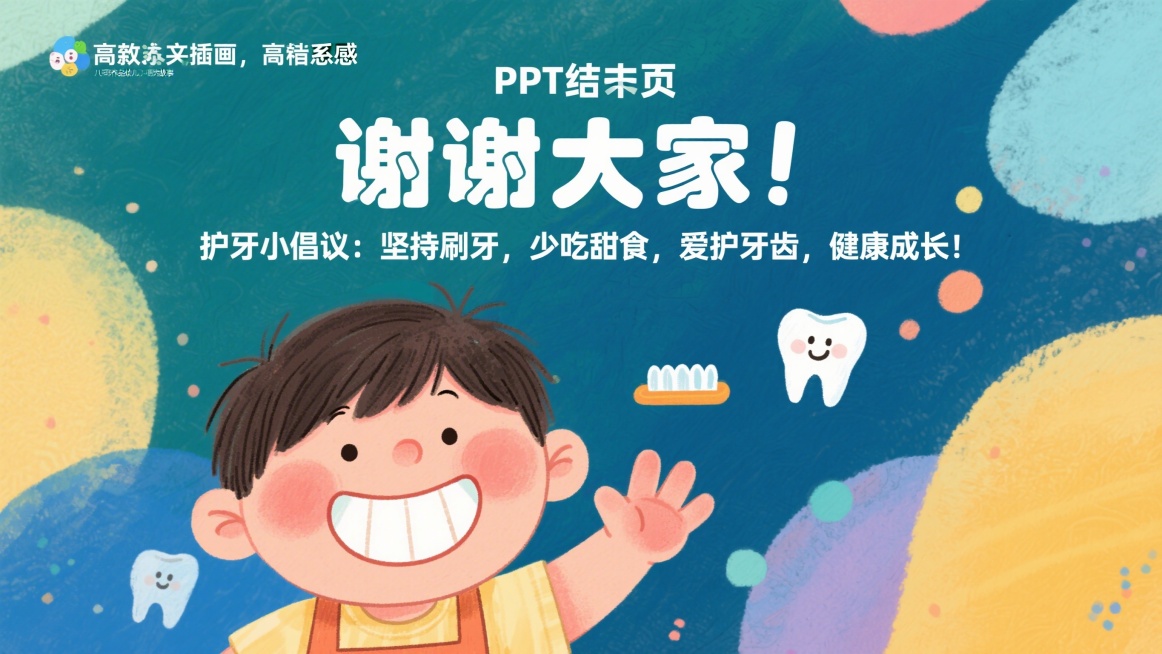 PPT结束页，文字“谢谢大家！护牙小倡议：坚持刷牙，少吃甜食，爱护牙齿，健康成长！”，搭配露齿微笑的小朋友、卡通再见手势图案，清新活泼绘本风格，排版简洁，适合幼儿园儿童预览效果