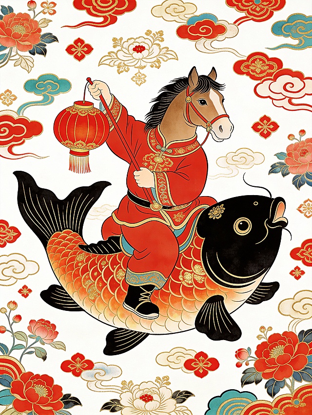 一匹中国马（穿着红色过年服饰，手拿红灯笼）骑着大锦鲤，白色背景