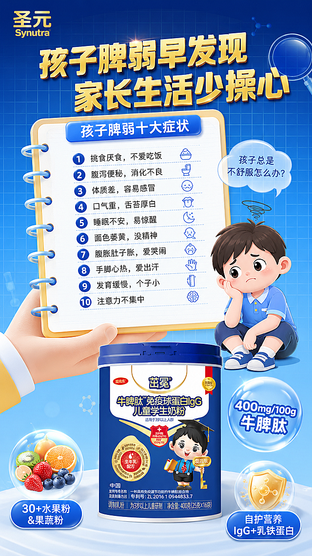 竖版9:16儿童奶粉宣传海报，清新科普风格，主色调为蓝色+黄色。顶部：左上角放圣元品牌Logo，用醒目的金色粗体字写大标题“孩子脾弱早发现 家长生活少操心”。中间：背景是蓝色网格，前景是一只大手托着一张“孩子脾弱十大症状”清单，清单列出挑食厌食、腹泻便秘、体质差易感冒等问题，旁边有一个发愁的卡通小男孩。底部：中间是圣元茁冕蓝色奶粉罐产品图，右侧用蓝色气泡突出“400mg/100g牛脾肽”，底部标注“30+水果粉&果蔬粉”和“自护营养IgG+乳铁蛋白”。整体风格是实用的育儿科普清单，适合母婴电商和朋友圈推广，画质清晰，2K分辨率。
