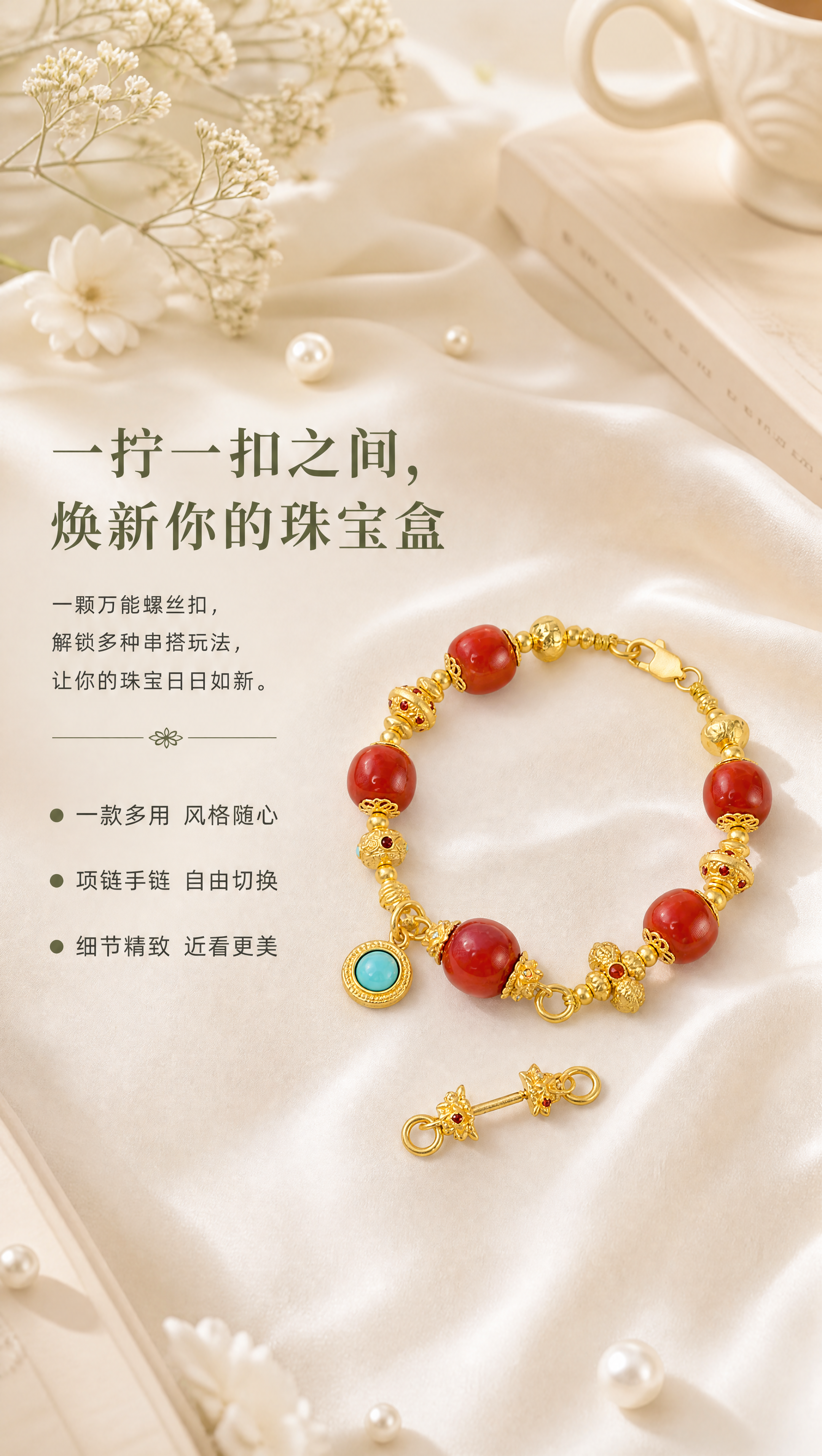 [商品] 使用【图6】完整古法金南红手链+单只螺丝扣平放图；1… - 图片创意预览