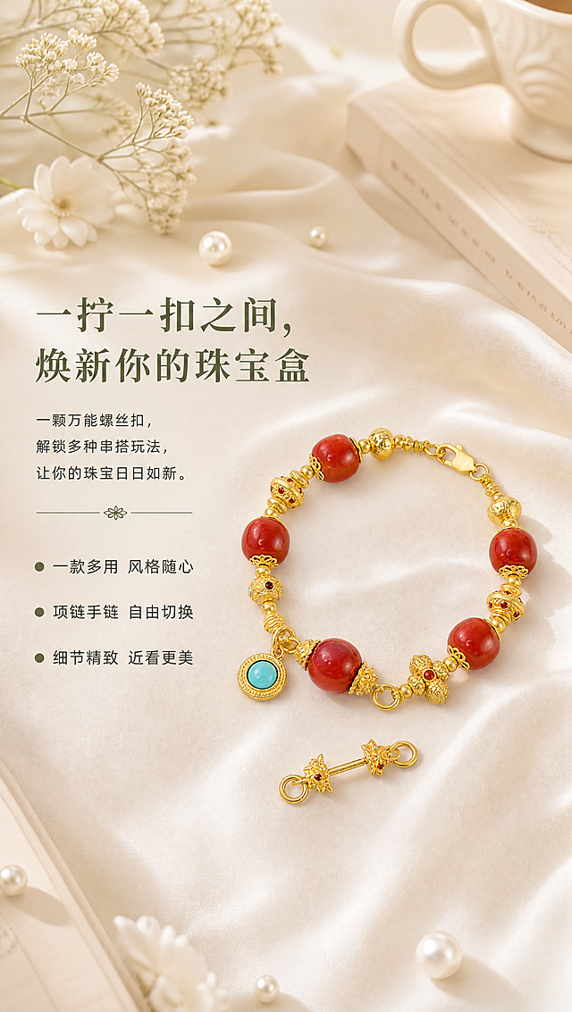 [商品] 使用【图6】完整古法金南红手链+单只螺丝扣平放图；100%保留手链完整造型、南红桶珠形状与排列、绿松石坠饰、金刚杵配件、各款金珠的古法磨砂肌理、足金黄铜原色（完全参照参考图3的黄金颜色）、螺丝扣的双花头造型与宝石镶嵌位置、所有配件的比例和位置；禁止改结构、变形、重绘、发白过曝。
[画面] 页面目标：佩戴场景页，讲焕新珠宝盒的价值感；构图：左文右图，左侧文字区占40%，右侧手链+螺丝扣场景图占60%；右侧手链自然摆放在米白色丝绸上，单只螺丝扣放在手链旁呼应；背景为米白暖调+左上角白色满天星干花+白色小花+米色书本/咖啡杯等生活道具，整体氛围与参考图1一致；阅读动线：左上大标题→正文→三条卖点→右侧手链场景。
[视觉] 套系策略：风格=法式复古轻奢珠宝风（背景底色与参考图1、2完全相同）；标题字=宋体衬线粗体；正文字=黑体无衬线常规体；主色=米白暖调#F5F0E8（与参考图1底色完全一致）；背景延展=米白到浅米黄的柔和渐变，米白色丝绸自然褶皱铺底，左上角白色满天星干花+白色小花，散落小珍珠，搭配米色书本和咖啡杯道具，整体暖调柔焦有氛围感；强调色=橄榄绿#7A8B6F；标题色=深橄榄绿#5A6B4F；正文色=深棕灰#6B6358；组件=圆点引导线+四叶小花装饰；光影=左上方45°柔暖自然光，产品在丝绸上投下柔和自然的阴影，黄金磨砂肌理与参考图3完全一致。
[文字] 左侧文字区左上对齐：大标题两行"一拧一扣之间，""焕新你的珠宝盒"（粗宋大号）；三行正文"一颗万能螺丝扣，""解锁多种串搭玩法，""让你的珠宝日日如新。"（黑体）；圆点引导的三条卖点：●一款多用 风格随心 ●项链手链 自由切换 ●细节精致 近看更美；所有文字横排，不遮挡产品主体。
[规格] 图片宽度850px，高度约1500px（竖版），分辨率4K；负向提示：避免产品变形、改结构、重绘配件造型、发白过曝、死黑阴影、冷蓝背景、文字竖排、文字遮挡产品、南红色泽偏差、古法金磨砂肌理丢失、拼图感、黄金颜色偏亮偏白。