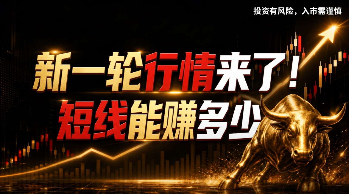 参考提供图片的黑金金融风格，生成公众号封面图，比例16:9。图片右上角添加白色文字："投资有风险，入市需谨慎"，画面主体分2行显示大标题：第一行"新一轮行情来了！"，第二行"短线能赚多少"，标题文字使预览效果