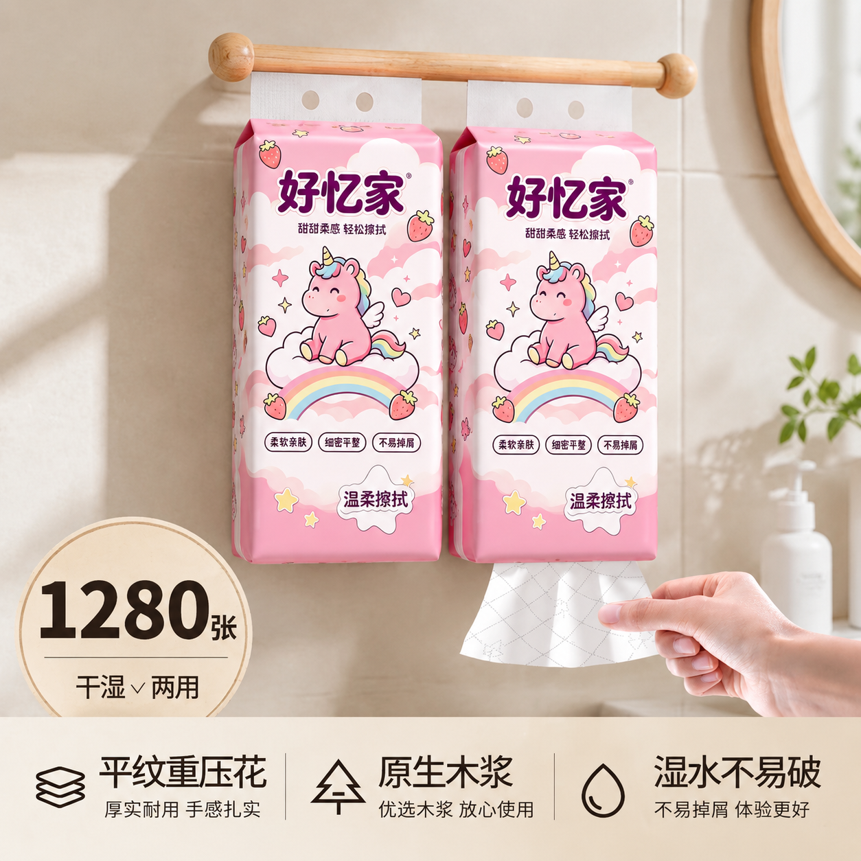 将图中悬挂的两包绿色抽纸外包装，完全替换为第一张白底图中好忆家… - 图片创意预览
