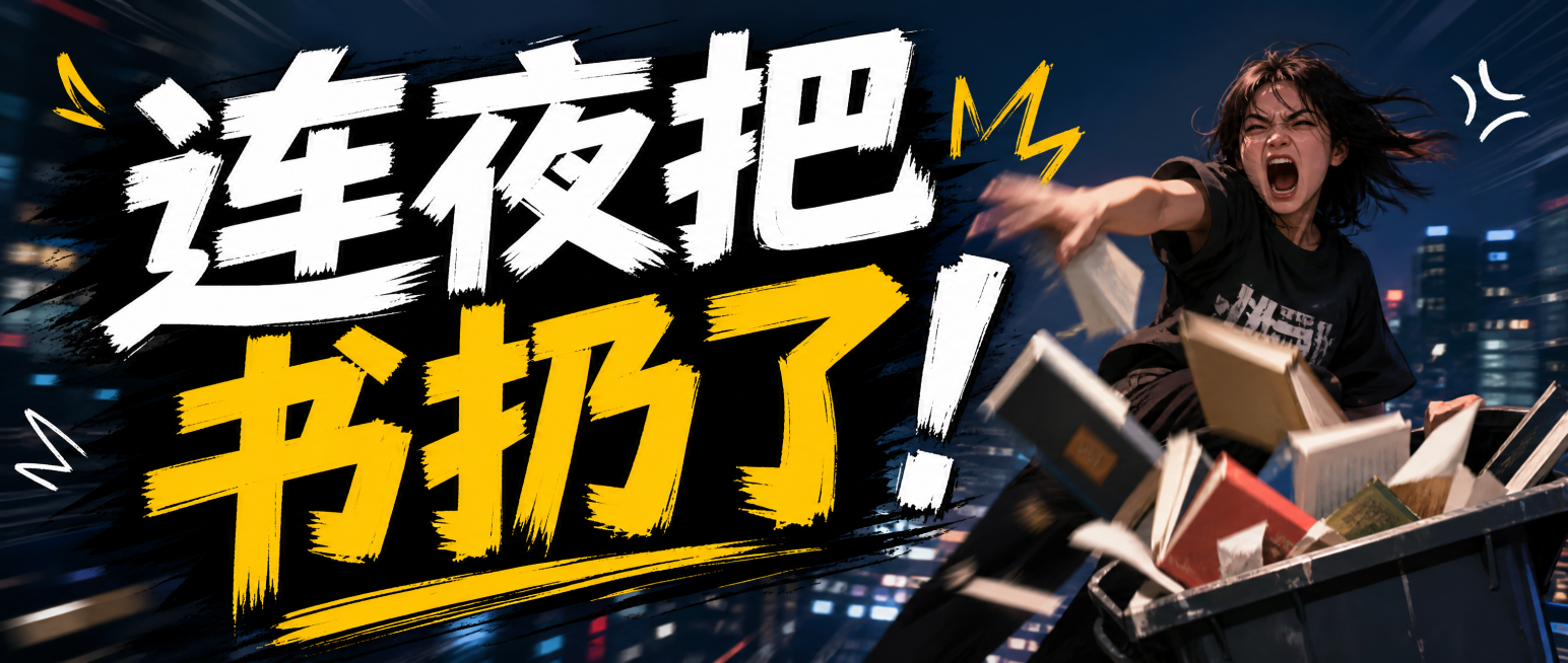 公众号首图，醒目标题文字"连夜把书扔了"，情绪宣泄风格，适合社交媒体封面预览效果