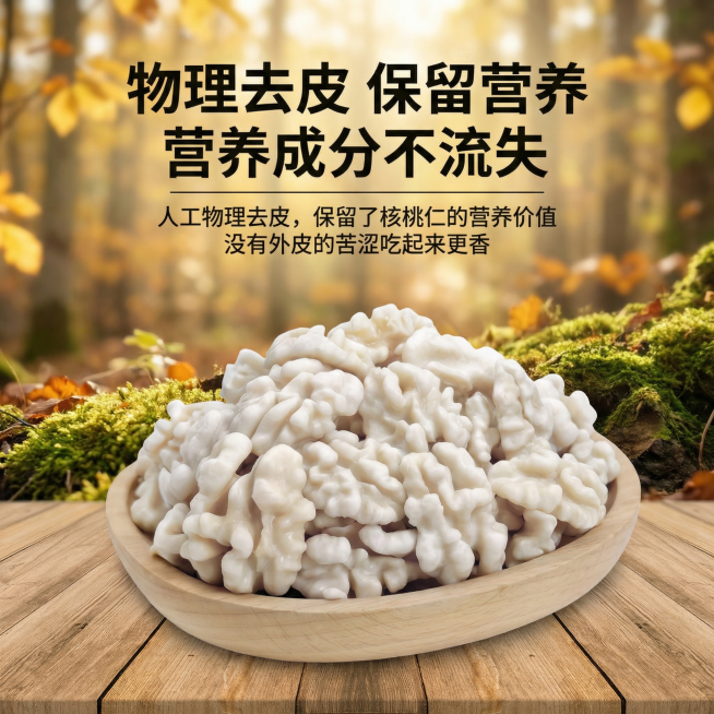 参考这张图片，生成一张类似的物理去皮鲜核桃仁宣传图，换一个真实且风格不同的全新背景，不要和原图白色背景相似，保留排版结构、所有文案内容和木碗盛放核桃仁的展示，核桃仁保持奶白色，整体尺寸750x750预览效果