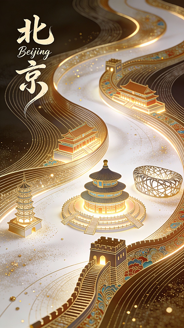 国潮风融合微缩艺术，鎏金浮雕勾勒北京地标，光影流动间尽显中式古典奢华与梦幻体积感。