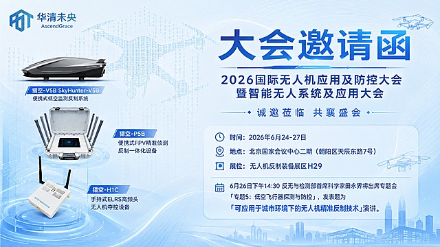 浅蓝色商务风格邀请函海报，主题为"大会邀请函"，副标题"2026国际无人机应用及防控大会暨智能无人系统及应用大会"，装饰文案"诚邀莅临 共襄盛会"，整体版式精美，层级分明，左上角放置华清未央公司logo[图4]，背景融入二进制01组成的无人机图形元素[图5]，主视觉区域展示三款无人机反制设备，从上到下依次为图1猎空-V5B SkyHunter-V5B、图2猎空-P5B便携式FPV精准侦测反制一体化设备、图3猎空-H1C手持式ELRS高频头无人机夺控设备，右下角信息区域清晰展示文案：时间：2026年6月24-27日 地点：北京国家会议中心二期（朝阳区天辰东路7号）展位：无人机反制装备展区H29，6月26日下午14:30 反无与检测部首席科学家田永界将出席专题会「专题5：低空飞行器探测与防控」，发表题为「可应用于城市环境下的无人机精准反制技术」演讲。画面整体为浅蓝色科技商务风格，添加无人机线条装饰元素，干净清爽，文字清晰可读，所有文字完整呈现不遮挡。