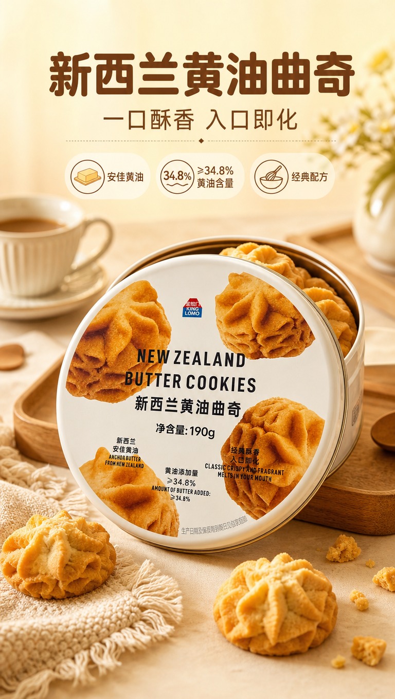 [商品] 使用【图1】金粒门新西兰黄油曲奇190g圆形铁罐装；… - 图片创意预览