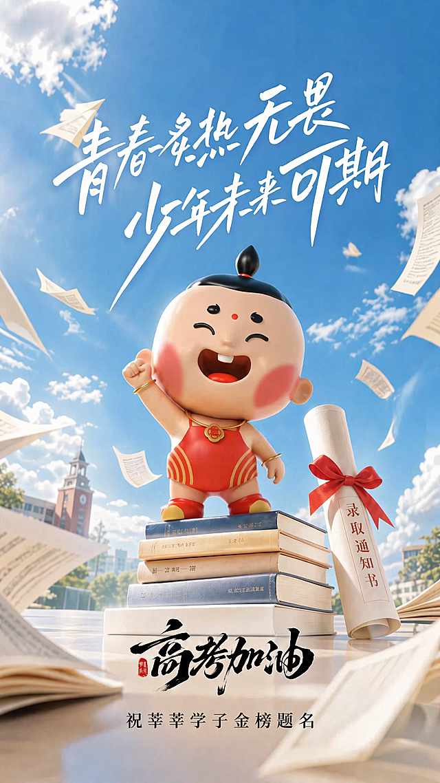 参考第一张图的红色喜字福娃IP形象，参考第二张图的高考海报风格，生成高考加油主题海报，尺寸9:16，天空背景，飞散的纸张书本，IP形象站在一摞书本上，旁边放着绑红色蝴蝶结的录取通知书，保留文字"青春炙热无畏 少年未来可期 高考加油 祝莘莘学子金榜题名"