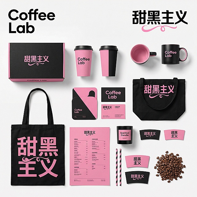 极简风格品牌VI设计展示，以粉色和黑色为主色调，粉墨主题，甜酷风，撞色感，突出品牌英文logo“Coffee Lab”，中文“甜黑主义”，中文采用隶书与黑体结合的笔画装饰，包含咖啡礼盒、咖啡纸杯罐、咖啡陶瓷杯、手提袋、杯垫、卡片、菜单、香薰蜡烛、杯套、吸管、一堆咖啡豆，采用简洁整齐的平铺布局，呈现统一的品牌标识与风格，营造清新、专业的品牌视觉氛围 ，突出产品多样性与品牌一致性，背景干净 ，契合咖啡品牌包装定位