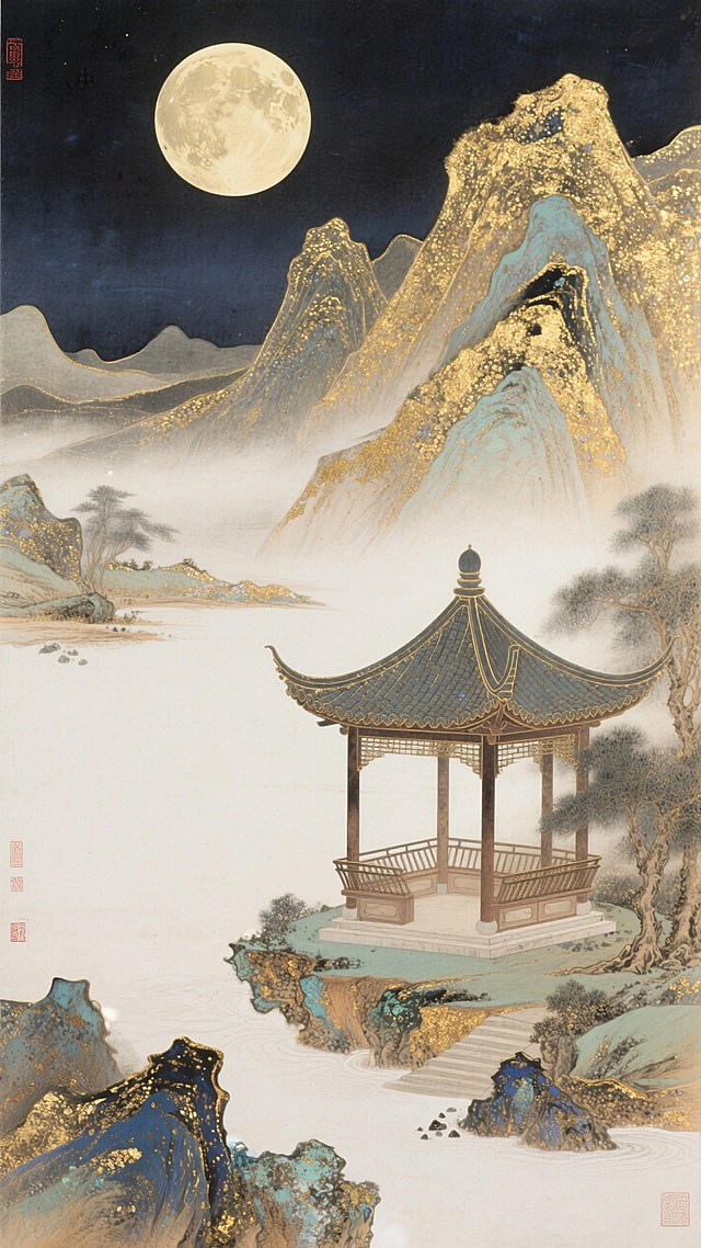 鎏金山水背景，中秋圆月，夜晚，凉亭，山峰，大面积留白