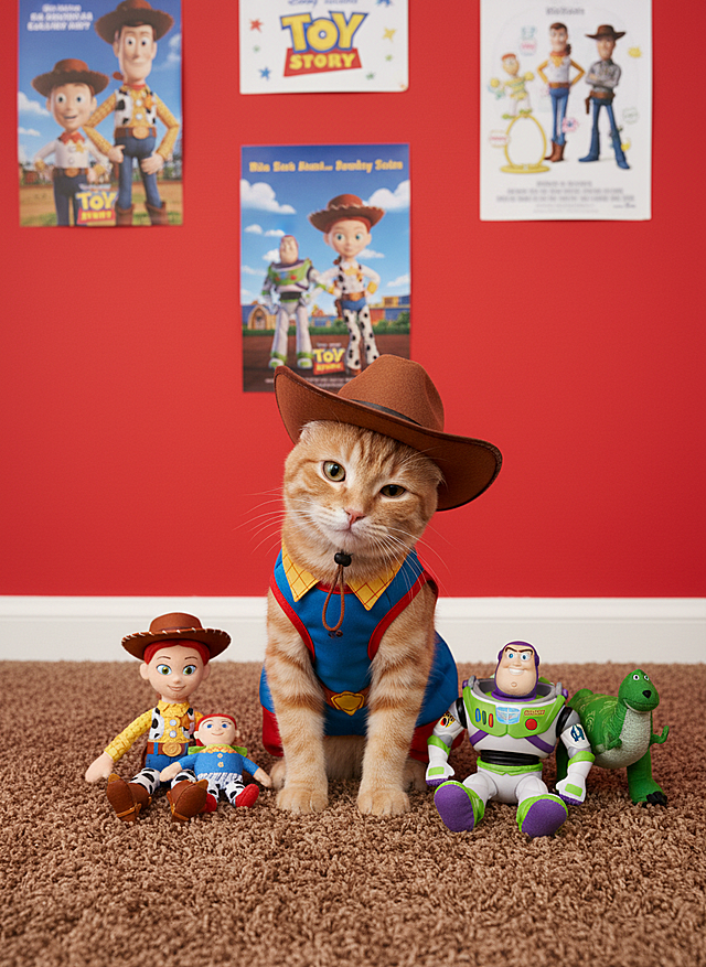 可爱感十足的拟人风猫咪化身胡迪，搭配卡通感玩具角色，营造童趣满满的节日氛围。