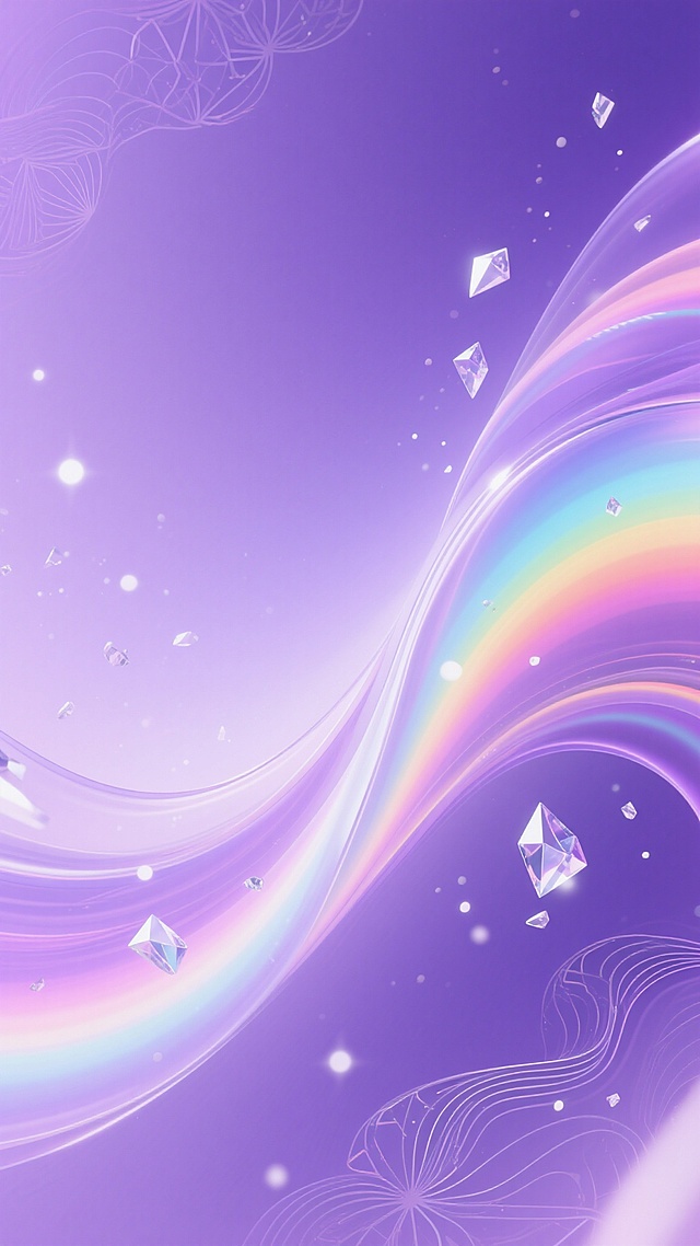 3D渲染风格的紫色渐变背景，从浅紫到深紫平滑过渡，带有流动感的彩虹色光带穿梭其中，光线柔和且具有明显的光晕效果，画面中点缀着细小的白色光斑和几何形状的透明晶体碎片，整体呈现出梦幻、通透、未来感的氛围，添加精致的波浪花纹和对称的几何图案作为装饰元素，保持视觉上的轻盈与空间感，无文字内容，光影运用细腻，色彩和谐统一，具有强烈的视觉冲击力和设计感。