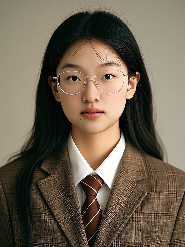 一个女生，英伦学院风，浅棕色格子西装，纯色背景