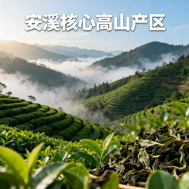 [主图 6] 安溪铁观音源产地环境展示。[氛围风格] 自然原生态，清新干净，轻奢高级。[画质] 商业摄影质感，自然通透，画面干净清新。[元素] 远景安溪高山茶园，层叠翠绿茶树山峦，云雾缭绕，前景点缀铁预览效果