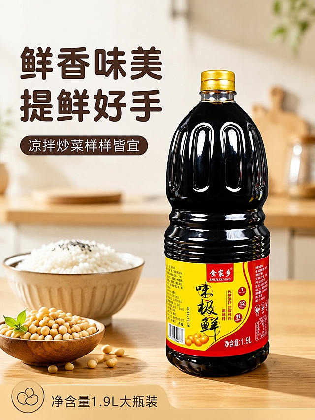 [第1屏] 详情页头图-味极鲜生抽酱油食欲氛围海报。本屏使用【图1】作为商品主体。
[氛围/风格] 家常烟火气，简洁干净的中式厨房风，商业摄影写实质感，自然通透氛围。
[元素布局] 味极鲜酱油瓶放置在画面偏右下位置，占整体约65%；左上角预留主标题区域，左下角搭配新鲜黄豆原料和一碗白米饭特写作为前景装饰，背景是浅原木色厨房台面虚化处理。保持瓶身结构、标签文字、颜色与输入产品图完全一致，轮廓比例不变形。
[光影质感] 左侧柔光主照明，右侧自然投影，瓶身玻璃反光自然清晰，整体明亮干净。
[配色色系] 全局底色 #F8F5F0，主色原木浅棕，辅助色米白底、深棕标题字、黄豆暖黄。
[视角构图] 正面平视45度视角，产品为绝对视觉中心，阅读动线左上标题 → 右下产品 → 左下装饰。
[文字版式] 版式为左上标题 + 右下产品 + 底部信息条。主标题「鲜香味美 提鲜好手」，副标题「凉拌炒菜样样皆宜」，圆角深棕色字体左对齐；底部左侧标注「净含量1.9L大瓶装」，文字不遮挡瓶身主体。全套统一使用圆角字体，字色1种纯色呈现。
[比例分辨率] 3:4 竖版比例，4K分辨率，文字清晰可辨，高清画质。
[负向提示词] 瓶身变形，缺件错件，颜色偏差，标签文字错乱，产品图模糊，水印，文字过小，极限词。