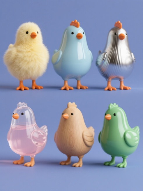 纯色背景下，六只造型相同的小鸡系列素材集合规整排布，每只小鸡具有不同材质：1. 毛绒质感，蓬松柔软，淡黄色；2. 光滑陶瓷，釉面反光，淡蓝色；3. 金属光泽，银色质感，带有金属拉丝纹理；4. 透明玻璃，晶莹剔透，淡粉色；5. 木质纹理，温暖自然，浅棕色；6. 塑料质感，光滑坚硬，翠绿色。整体画面色彩变换丰富，保持小鸡站立姿态，头部微侧，橙色尖嘴和爪子，背景为纯净的单一颜色，画面简洁干净，素材集……预览效果