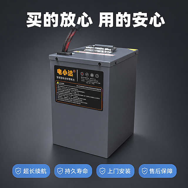 产品卖点是寿命长，续航远，实测续航是100到130公里，日常通勤3天不用充，外卖跑单全天够用，广佛包上门安装，品牌：麦厂锂电池请使用电商主图套图技能「图片1」