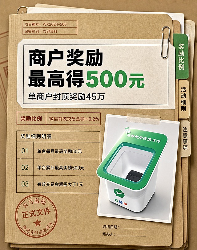 保留原图中的微信支付扫码盒子产品完全不变，产品外观、颜色、logo、文字全部一致。重新设计排版布局，生成差异化版本：采用文件档案式排版，画面模拟办公文件夹/档案袋效果，产品图贴在档案封面，档案上有标签栏写着大标题，有分类栏写着奖励比例，有明细表格区域列出三条细则，还有回形针、印章等装饰，背景为浅棕色文件夹质感，整体正式专业、有档案感。