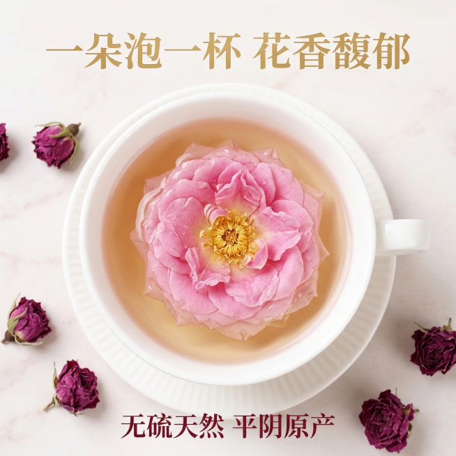 抖店电商主图，平阴花冠玫瑰，冲泡效果特写：画面主体是俯视角度的白瓷茶杯，整朵玫瑰在淡金色茶汤中完全舒展，周围散落干玫瑰花，上方文字'一朵泡一杯 花香馥郁'，下方小字'无硫天然 平阴原产'，画面清新透亮预览效果
