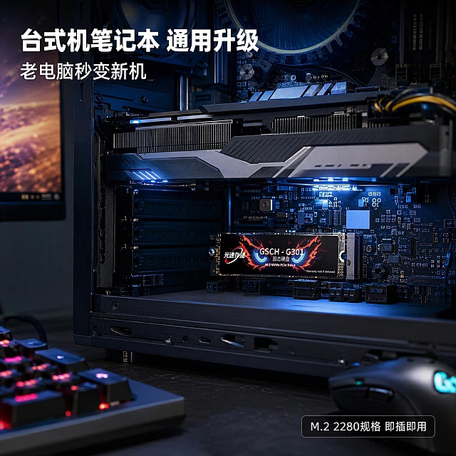 [主图-4] 真实使用场景图，展示固态硬盘安装在台式电脑主板上的使用场景，设备互连闭环。
[氛围风格] 真实装机场景，科技发烧友桌面风，有代入感；
[画质] 真实场景摄影质感、光线自然、产品与环境融合自然；
[元素] 画面展示一个电脑装机场景，侧透机箱内部，GSCH-G301固态硬盘真实插在主板M.2插槽上，金手指完全插入插槽，接触关系真实可信。机箱内还有主板、显卡、散热风扇等部件，灯光柔和。机箱外桌面可见机械键盘一角和鼠标，背景为深色桌面环境，有显示器发出的微光。产品在主板M.2插槽中清晰可见，贴纸图案朝上。保持固态硬盘外观与输入产品图一致，安装方式真实合理，接口匹配，不悬浮不穿模。商品主体占比约30%，但通过局部打亮成为视觉焦点。
[光影] 机箱内部RGB冷蓝色光效照亮固态和主板，环境光较暗形成对比；桌面有显示器暖光反射，整体氛围有科技感和沉浸感；产品受光均匀，贴纸图案清晰可辨。
[配色] 主色深蓝黑，辅色冷蓝灯光、红色品牌元素、金属银色；真实装机氛围。
[视角构图] 侧视角度看向机箱内部，固态硬盘在画面中心偏下位置，景深中等，前景有机箱边框虚化，后景有主板和显卡虚化，突出固态主体。
[文字版式] 画面左上角白色粗体大字「台式机笔记本 通用升级」，下方稍小白字「老电脑秒变新机」。右下角半透明黑底白字小标签「M.2 2280规格 即插即用」。文字量少，不破坏场景沉浸感，全部横排，放在画面负空间不遮挡产品。
[输出要求] 1:1比例，文字清晰可辨，超高清真实场景摄影质感；
[负向提示词] 变形，文字错乱，产品图模糊，背景杂乱，水印，电商平台Logo，人物，手指，悬空线材。