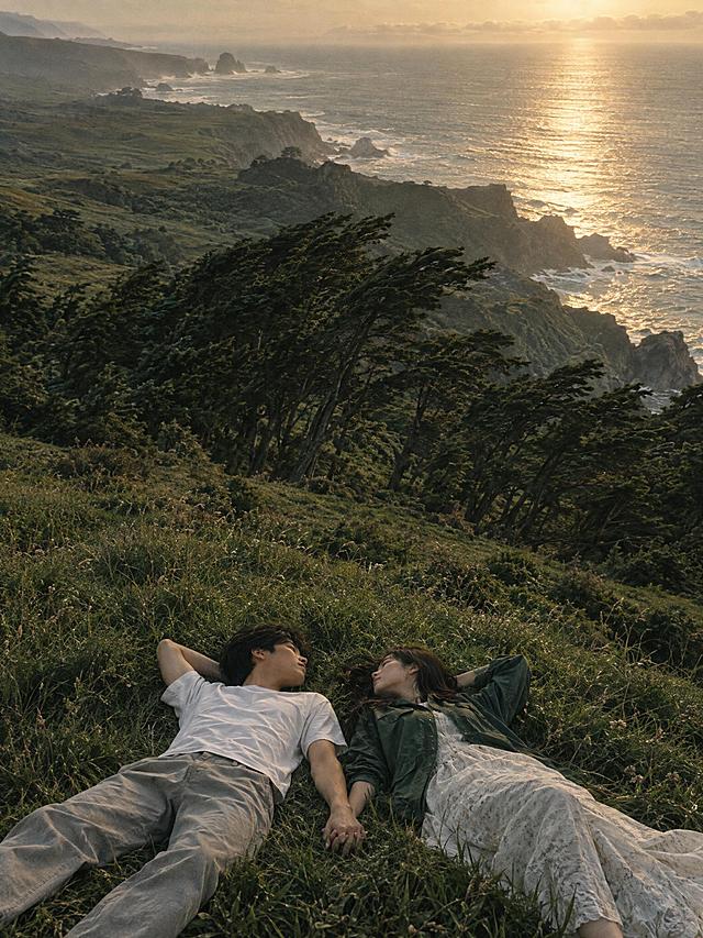 竖版3:4电影感写实静帧，复古胶片质感，低饱和墨绿色草坡与雾金色海面。宽阔的临海高地从画面下方延展到远方，画面下方一对二十多岁的年轻恋人仰躺在柔软草地上，头部相近、身体向左右展开，手在中间轻轻相握；男生穿白色短袖和浅灰长裤，女生穿深绿色薄外套和浅色长裙。中景是一片被海风吹斜的高大树丛和起伏的悬崖，左上远处隐约可见海浪与岩岸。俯视偏广角构图，安静、松弛、彼此陪伴。画面中不要任何文字、不要标题、不要字幕、不要Logo、不要水印。超高清2K画质，细节丰富。