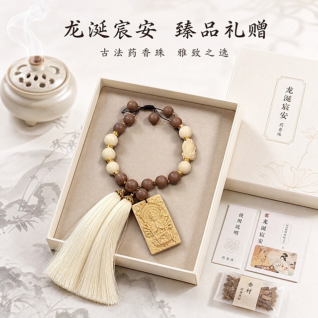 [主图-5] 礼赠与规格展示，突出产品的礼赠价值与全套内容，营造高级礼盒感。
[统一基调] 高级国风 中式素雅 干净极简白色背景 柔和自然光 浅景深 8K高清 商业静物摄影 细节细腻 柔和阴影 画面留白充足 无多余杂物 书法感国风字体 米白主色调 浅棕点缀。
[画面] 产品为图中药香珠手串，放置在打开的米白色国风礼盒中，礼盒内衬为浅米色绒布，手串整齐摆放在绒布上，千手观音牌居中，流苏自然舒展。礼盒旁摆放配套的香卡、说明书、小份香材样本包。背景为纯净白色，左上角有陶瓷香薰炉与青烟的虚化点缀，下方铺浅水墨宣纸。整体呈现精致礼赠的仪式感。
[光影质感] 柔和顶光与侧光结合，礼盒内部光线均匀柔和，绒布质感细腻，产品温润有光泽，阴影柔和自然，浅景深突出礼盒主体。
[配色] 整体米白、浅金、浅棕、绒布米色，背景纯白，水墨浅灰。
[文字版式] 画面上方横排主标题"龙涎宸安 臻品礼赠"，下方小字"古法药香珠 雅致之选"，深棕色纤细国风书法字体，位于上方留白处，不遮挡礼盒。
[输出要求] 1:1正方形比例 2048*2048 文字清晰可读 产品完整清晰 礼盒质感高级 无变形 无错字 无模糊 无杂乱 无水印 无平台Logo。