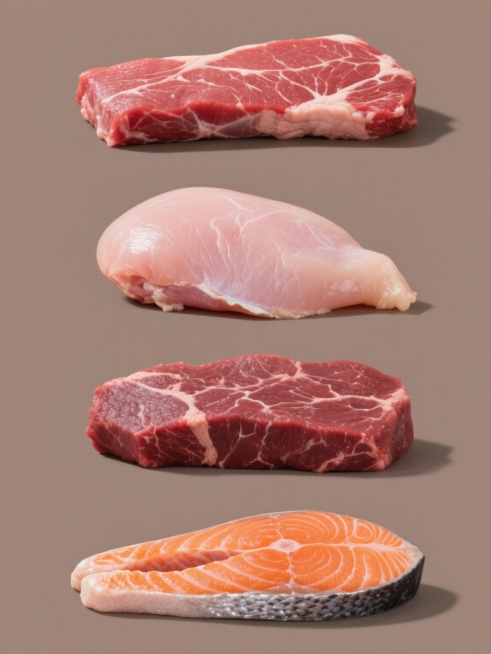 四张规整排布的生鲜肉类摄影集合，每张均为纯色背景，保持高清晰写实风格、突出的肉质纹理细节、自然的光线照射效果和精准的色彩还原。第一张：鲜红色猪里脊肉，展现细腻的肌肉纤维和均匀分布的白色脂肪纹理；第二张：粉红色鸡胸肉，表面光滑，带有自然的肌理和少量脂肪边；第三张：深红色牛肉块，呈现丰富的大理石花纹和紧实的肉质结构；第四张：橙红色三文鱼排，带有清晰的鱼肉纹理和银色的鱼皮边缘。整体布局整齐划一，每张……预览效果