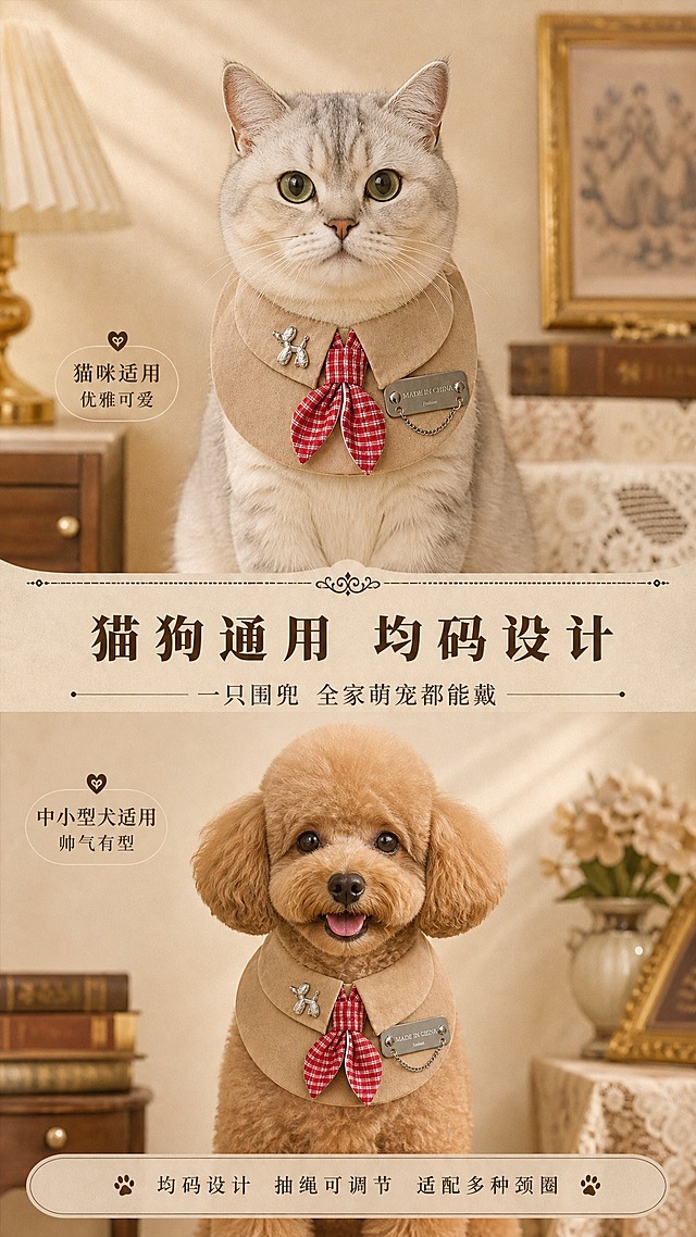[商品] 使用【图1】老钱风宠物围兜，分别佩戴在一只猫咪（如英短/布偶）和一只中小型犬（如泰迪）身上；保留围兜卡其色翻领、红色格纹领带、金属配饰的完整外观与颜色；两款宠物佩戴均呈现自然贴合状态，体现均码通用性。
[画面] 页面目标：多宠适配展示，突出猫狗通用均码的特点；构图采用上下分栏式，上半部分为佩戴围兜的猫咪，下半部分为佩戴围兜的狗狗；中间用装饰分隔线与文案区隔开；景别为半身中景，两只宠物均正面朝向镜头，背景统一为暖米色复古居家场景，上下色调一致。
[视觉] 套系策略：风格=复古学院老钱风高级商业摄影；标题字=复古衬线粗体；正文字=简洁现代宋体；主色=暖米杏色；背景延展=基于暖米杏做深浅层级、同色渐变和细腻纸张/织物质感；强调色=酒红棕，仅用于小面积图标、引线和标签；标题色=深棕褐色；正文色=中暖棕；组件=圆角浅棕信息卡、细线引线、复古装饰线；光影=左前侧暖柔光，右侧柔和补光，带窗影条纹。
[文字] 中间分隔区主标题"猫狗通用 均码设计"，副标题"一只围兜 全家萌宠都能戴"；猫咪图旁标注"猫咪适用 优雅可爱"，狗狗图旁标注"中小型犬适用 帅气有型"；底部小字"均码设计 抽绳可调节 适配多种颈围"。
[规格] 图片比例9:16竖版，4K，避免变形、错字、文字过小、冷蓝/蓝灰背景、围兜颜色改变、版型失真、绝对化用语。