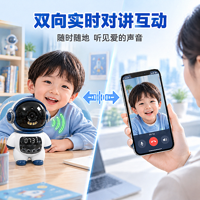 修改手机屏幕内容：移除右上角妈妈的小画面窗口，手机屏幕只保留小孩子的大画面，让小孩子的画面占满整个手机屏幕的视频区域。通话界面的底部按钮（麦克风、挂断、扬声器）和时间00:32保持不变。手机外观、妈妈的手、左侧场景、文字标题、双向箭头全部保持原样不变。