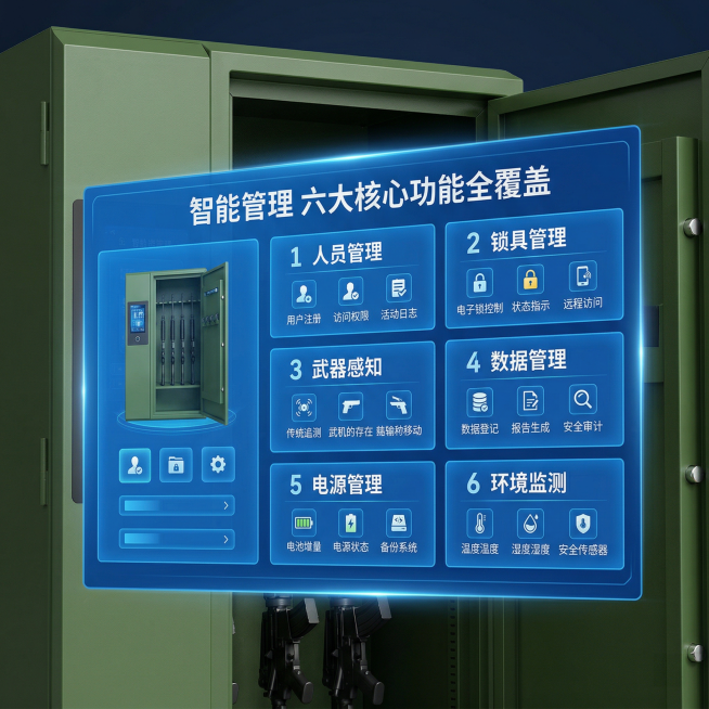 [主图主题] 智能枪弹柜智能管理系统功能图
[氛围/风格] 清晰直观专业科技风
[画面元素] 展示智能触控屏幕操作界面，呈现六大核心功能菜单，背景突出柜体一部分，整体干净整洁，界面信息清晰可读
[配色预览效果
