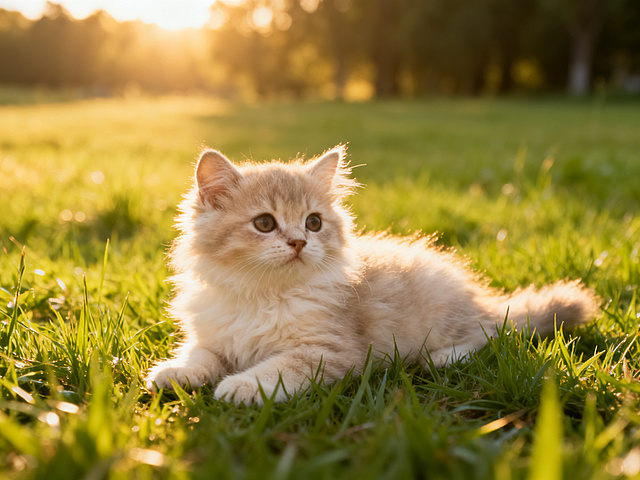 一只可爱的小猫，在阳光下的草地上，毛发柔软蓬松，背景清新自然