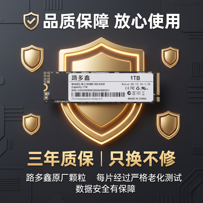 [主图 9] 路多鑫NVMe固态硬盘品质保障卖点；
[氛围风格] 专业信赖科技风，售后保障展示；
[画质] 商业摄影质感，C4D Octane物理级超写实渲染，产品清晰真实，画面干净高级；
[元素]预览效果