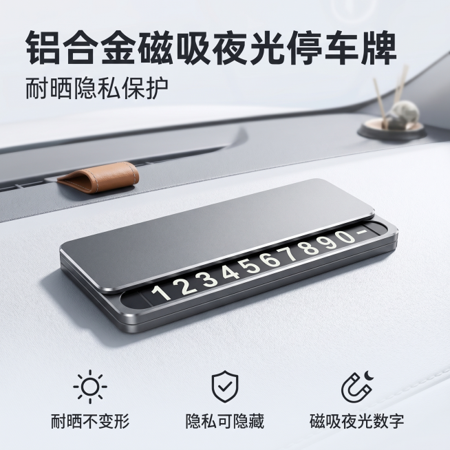 [主图 1] 铝合金临时停车牌抖音首图，还原平行滑盖结构。
[氛围风格] 简约实用汽车用品风格，真实场景感，抖音电商高点击风格
[画质] 商业摄影质感、光线柔和通透、产品清晰真实、画面干净高级。
[元预览效果